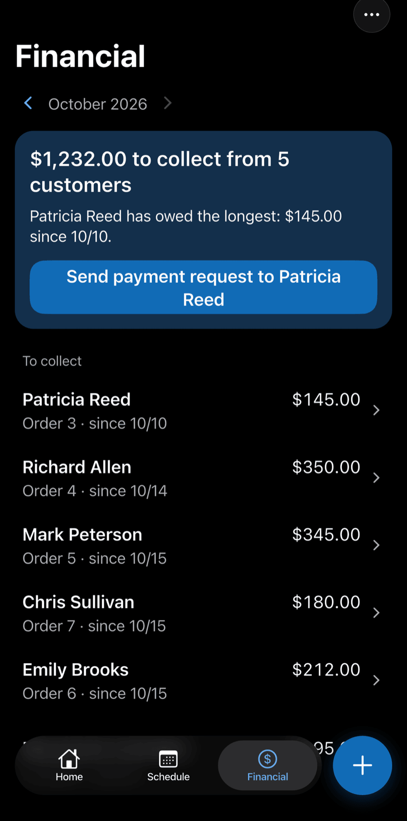 Financial tab with the total left to collect and the list of customers