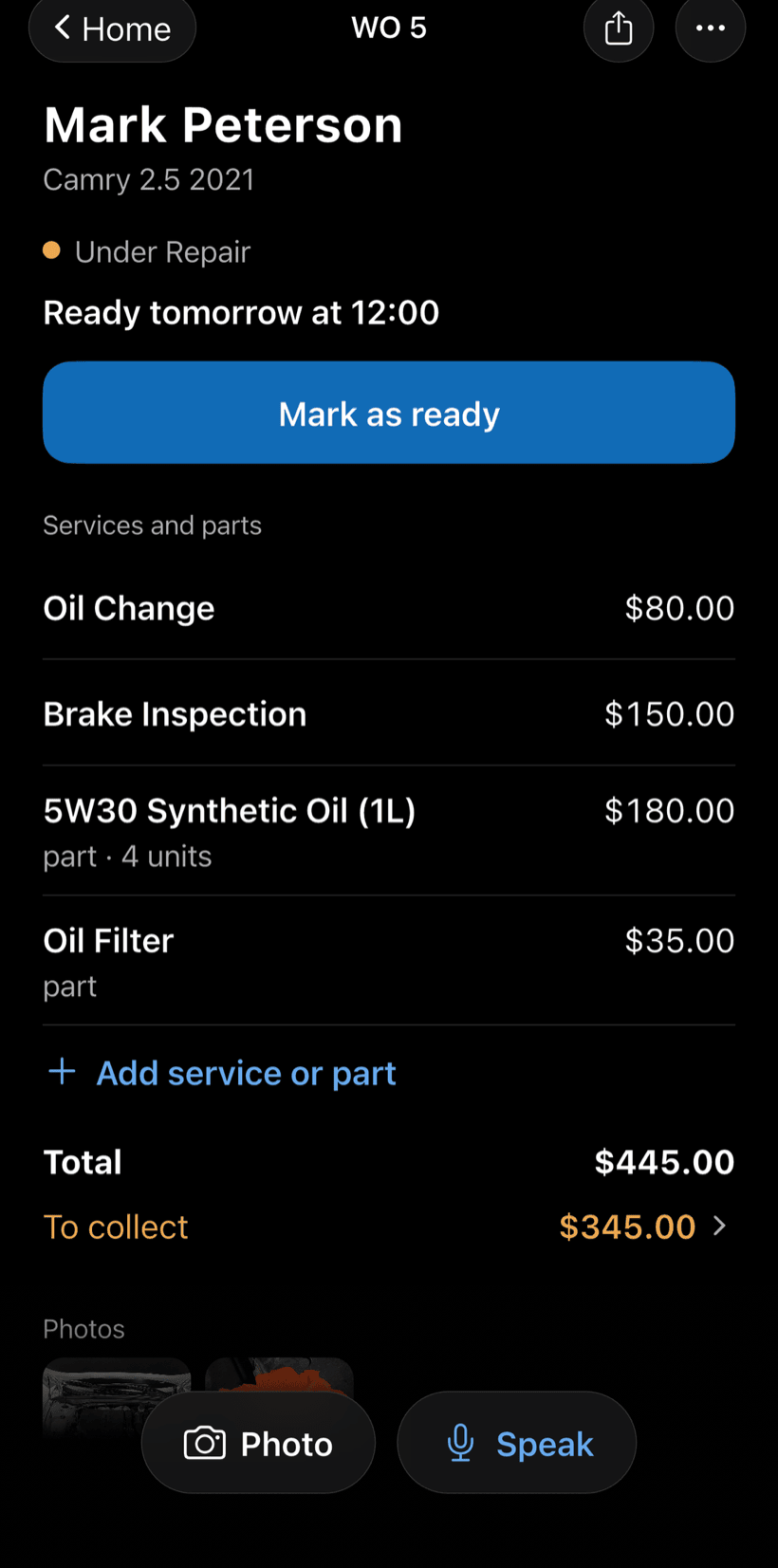 A work order screen with the customer, status, next-step button, services and total