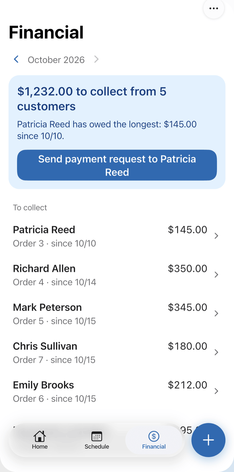 Financial tab with the total left to collect and the list of customers