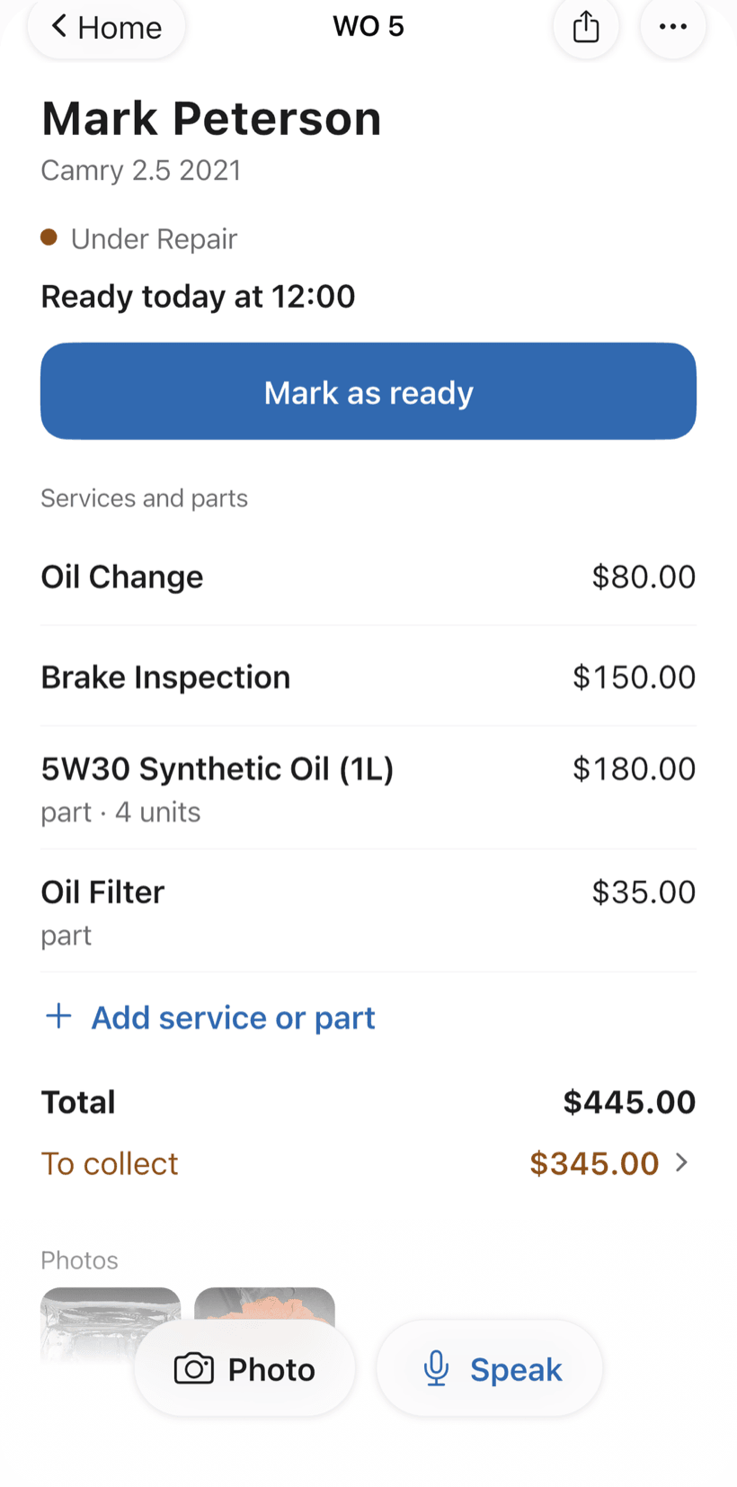 A work order screen with the customer, status, next-step button, services and total