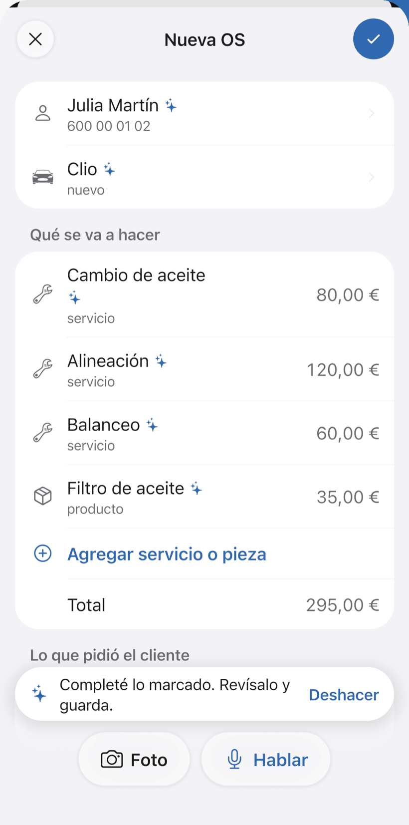 Nueva orden rellenada por el asistente de IA, con cliente, vehículo y servicios marcados