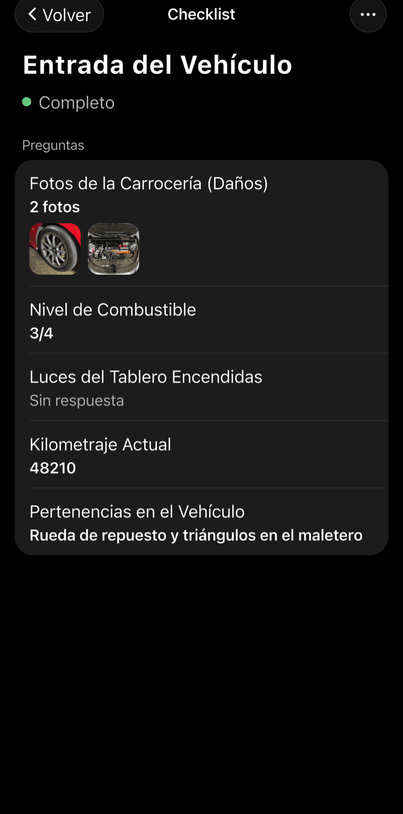 Checklist de entrada rellenado con fotos de los daños