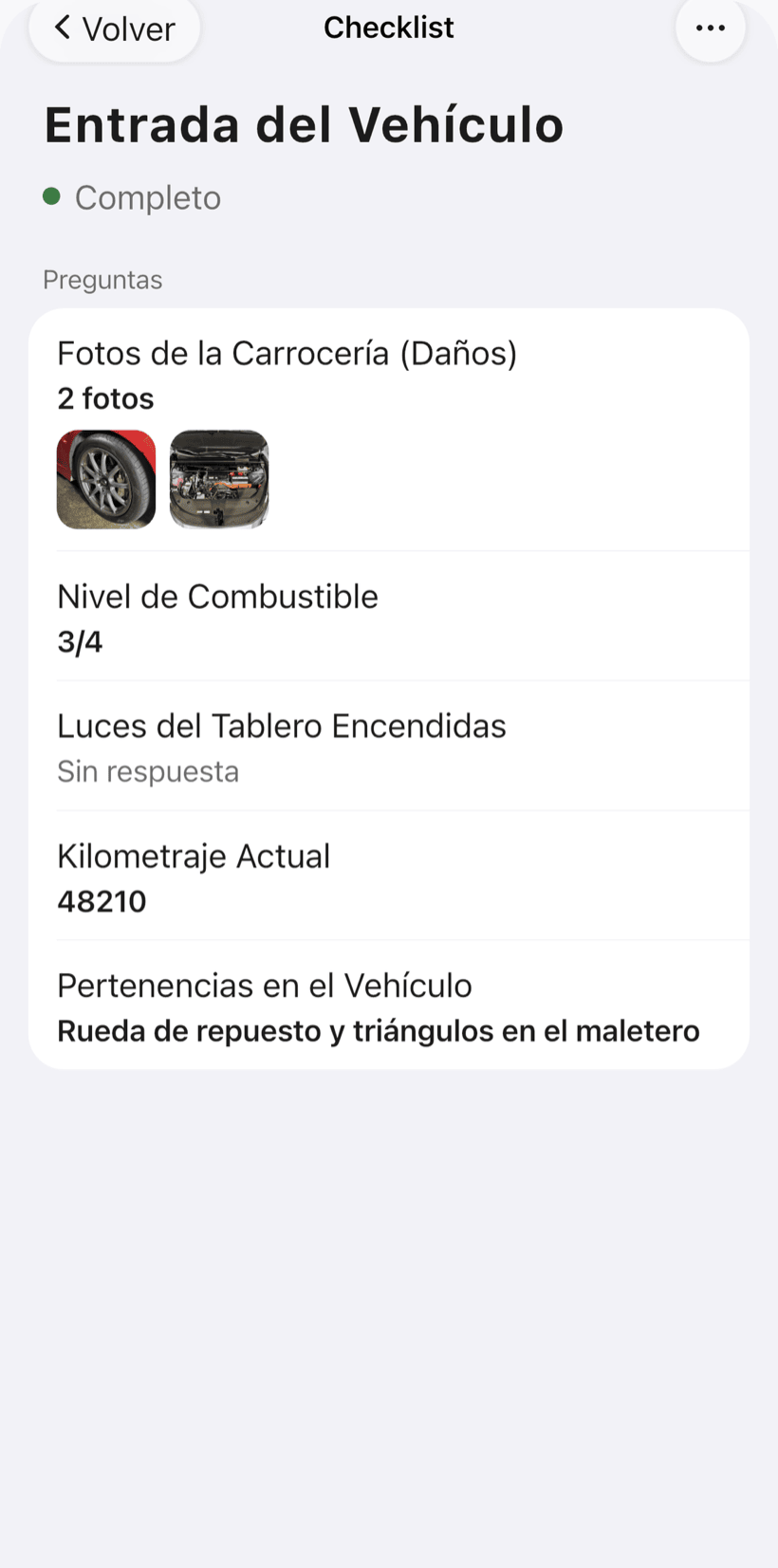 Checklist de entrada rellenado con fotos de los daños