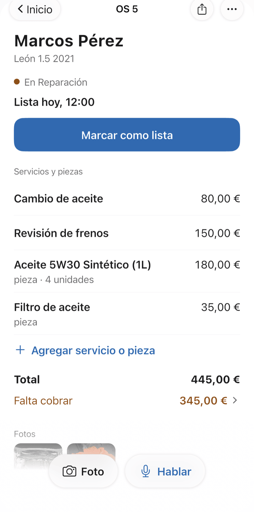 Pantalla de una orden con el cliente, el estado, el botón del siguiente paso, servicios y total