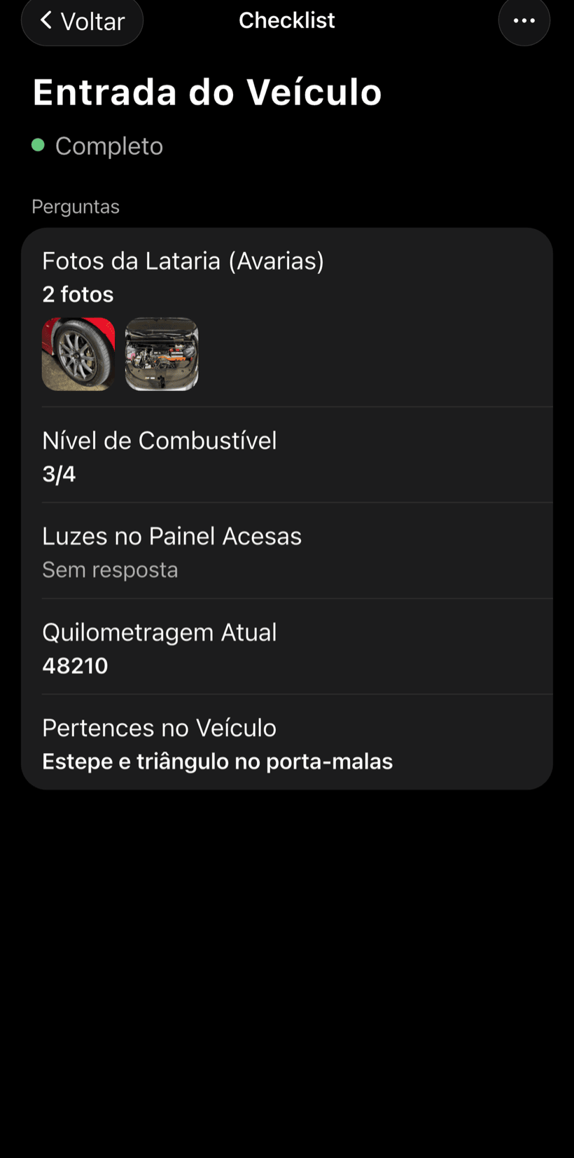 Checklist de entrada preenchido com fotos das avarias