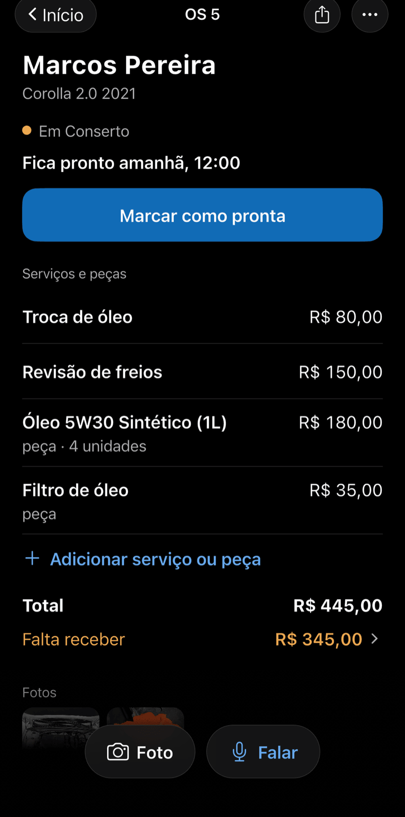 Tela de uma OS com o cliente, a situação, o botão do próximo passo, serviços e total