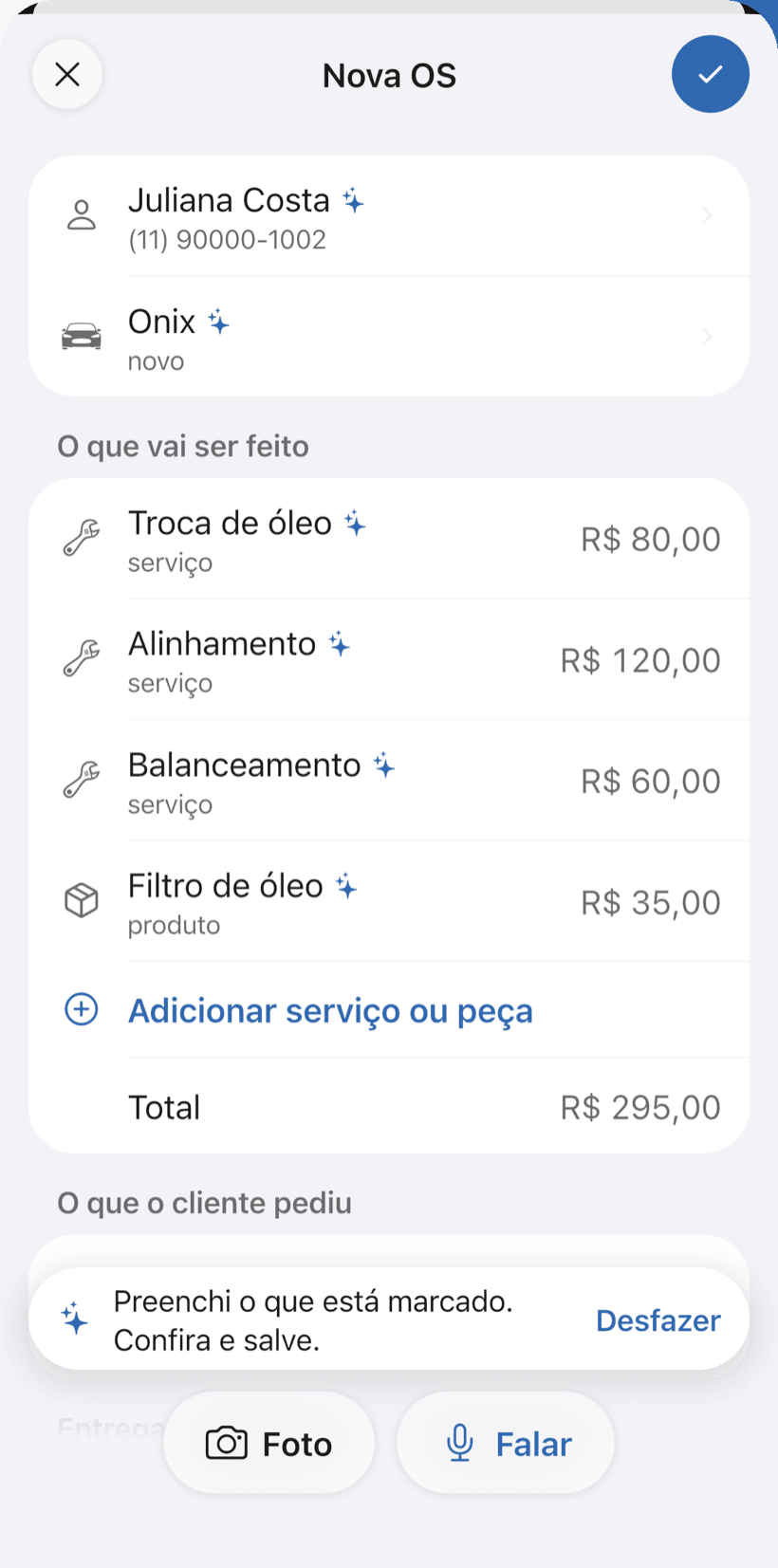 Nova OS preenchida pelo assistente de IA, com cliente, veículo e serviços marcados