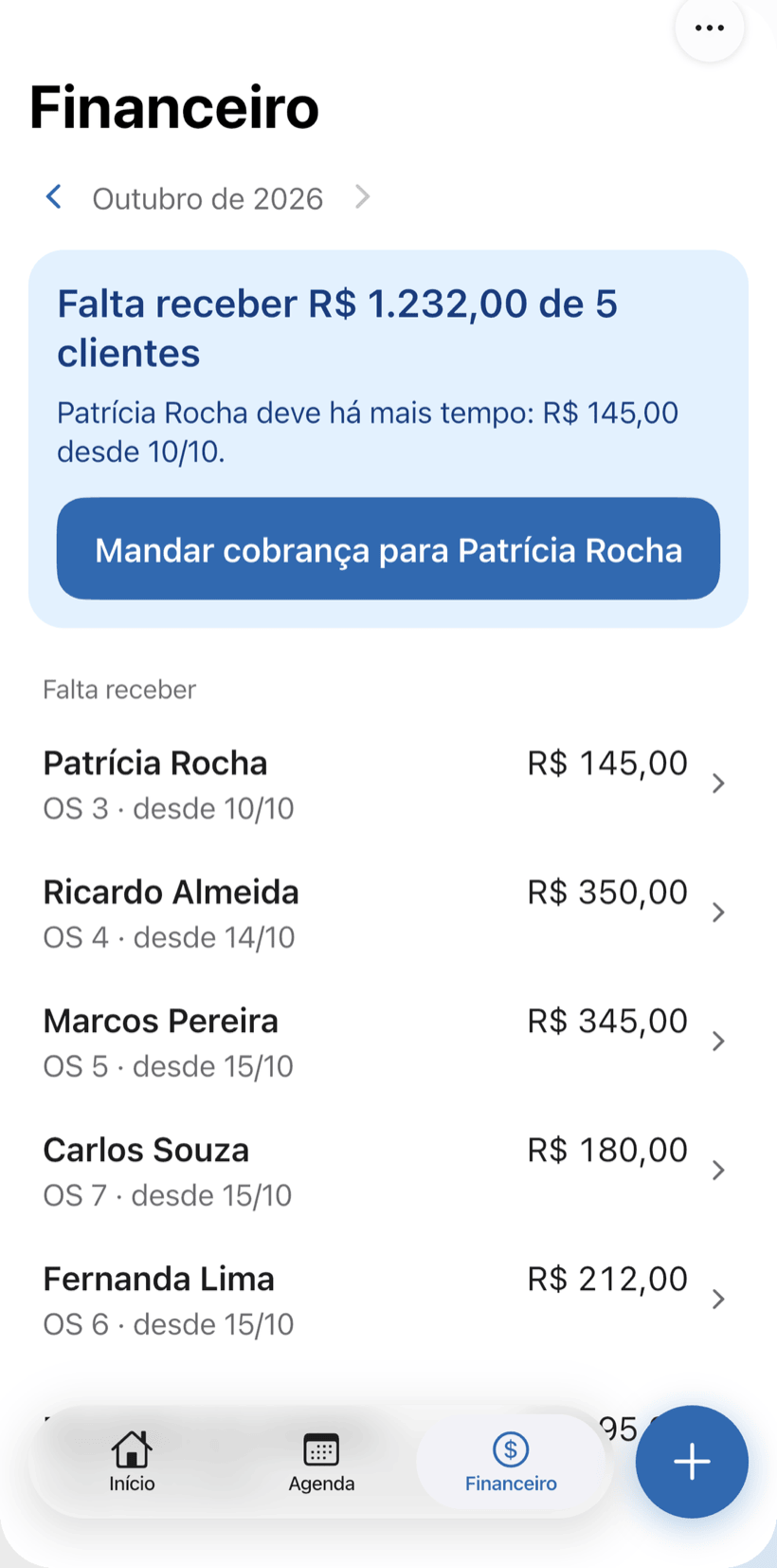 Aba Financeiro com o total que falta receber e a lista de clientes