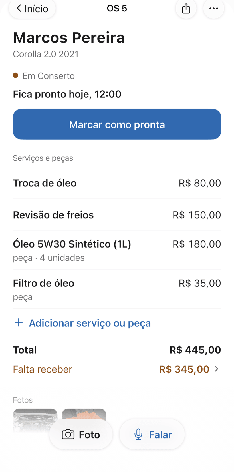 Tela de uma OS com o cliente, a situação, o botão do próximo passo, serviços e total